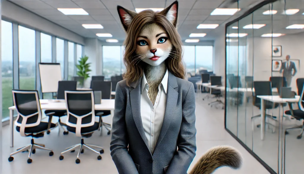 DALL·E 2025-03-18 16.29.41 - A highly realistic anthropomorphic young female cat HR manager standing in a modern office